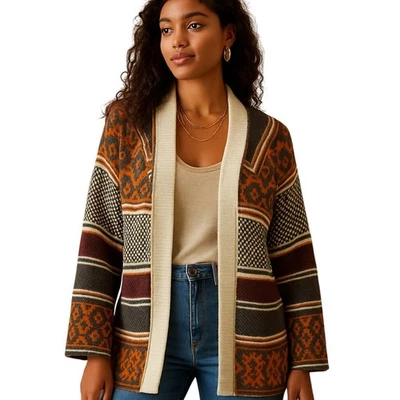 Женский кардиган Charlotte Russe Aztec Southwestern свитер S коричневый с открытой передней частью - Изображение 1 из 4