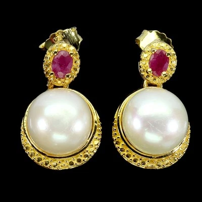 925 Sterling Silver Earrings Oval Ruby 4x3mm Pearl Natural Gemstone Jewelry - Image 1 of 4