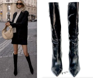 ZARA BLACK LEATHER BOOTS HIGH HEELS UK 6 EUR 39 US 8 NEW - Picture 1 of 11