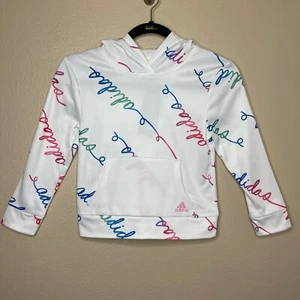 Adidas Girls Hoodie Sz 6 Long Slv White Sweater Pullover Kangaroo Pocket New - Picture 1 of 16
