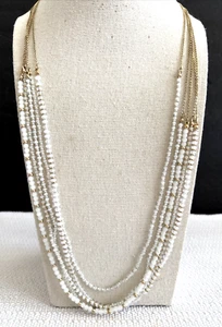 Ann Taylor Loft White Bead and Gold Chains 5 Strand Necklace  28” - Picture 1 of 6