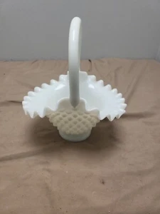 Vintage Fenton White Milk Glass Hobnail 7” Ruffled Basket w/Handle Bride Sticker - Picture 1 of 13