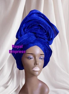 Aso-Oke afrikanische Kopfkrawatte Auto Gele, königsblaue Kaiserin Kopfbedeckung - Bild 1 von 1