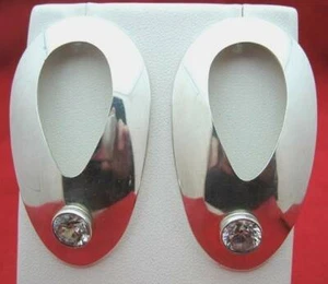 MAGNIFICENT HUGE ESTATE WHITE STONE STERLING SILVER POST-BACK EARRINGS, 2 & 1/8" - Picture 1 of 4