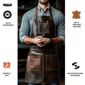 Genuine Leather Apron for Cooking and Grilling - One Size Fits All - Brown Color - Picture 1 of 6
