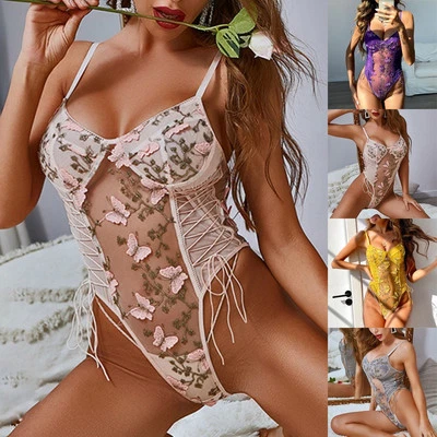 Damen-Teddybody transparent Schnürung Blumenstickerei Netz Nachtwäsche Intim - Bild 1 von 4