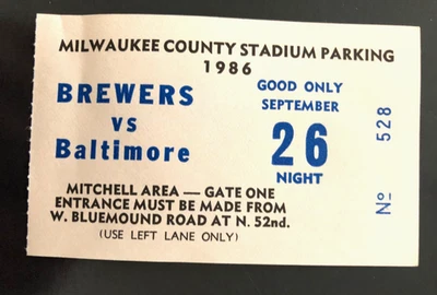 Milwaukee Brewers County Stadium parking pass Sept 26 1986 vintage unused - Image 1 of 3