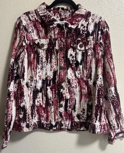 CJ Banks Women’s Size Large Pink White Denim Jacket Artsy Abstract Western Rodeo - Picture 1 of 7