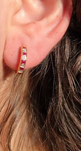 14K Two Tone Gold Ruby Sapphire Huggie Hoops with Diamond Accents - Picture 1 of 12