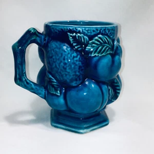 Vintage Inarco Pottery Mood Indigo Blue Embossed Fruit 4" Mug Japan E-2431 1970s - Picture 1 of 7
