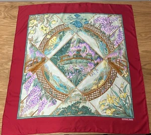 Vintage 90s Hermes Giverny Floral 100% Silk Scarf Wrap Floral Bridge Red Trim - Picture 1 of 15