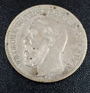 1876 G Silber Kaiserreich 2 Mark Baden Friedrich German Silver Coin - Picture 1 of 4