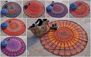Arazzo rotondo indiano da appendere al muro pavone mandala hippie zingaro spiaggia tappetino da lancio - Foto 1 di 29
