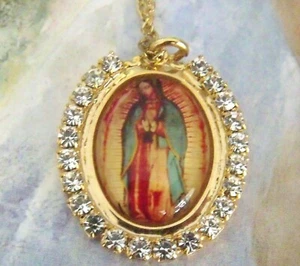 New Our Lady of Guadalupe Crystal Catholic Religious Medal 18" GP chain Necklace - Picture 1 of 5