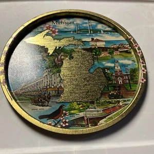 Vintage Michigan Metal Tin Platter Plate Tray State Map Souvenir 11” - Picture 1 of 6
