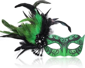 euc Green Masquerade Mask for Women with Feathers Marti Gras Venetian Party - Picture 1 of 7