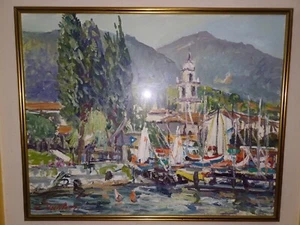 EDGARDO BECCALOSSI LungoLago SALÒ Lago di Garda DUOMO • Olio su Tela con Cornice - Foto 1 di 2
