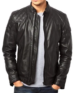 Stylish Mens Quilted Black Leather Jacket Lambskin Motorcycle Trendy Jacket - Picture 1 of 3