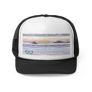 Ocean Sunset Trucker Cap, Painted Beach Hat, Vacation Snapback, Coastal Theme - Picture 1 of 21