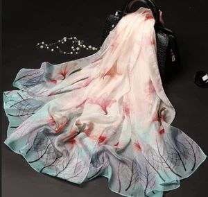 100% Silk Scarf Women neckerchief Shawl Wrap Floral thin floral pink red MY106 - Picture 1 of 3