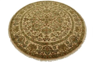Agra Rug 7’10” x 7’10” Round Beige Wool Traditional Hand-Knotted Oriental Carpet - Picture 1 of 12