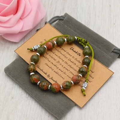 UNAKITE Bracelet Adjustable Handmade + Gift Bag & Card Crystal Gemstone 6/8mm - Image 1 of 4
