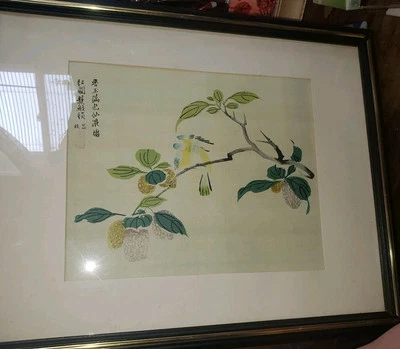 Arte de pared de pintura de seda china mate enmarcada antigua firmada rama de pájaro flores Foto 1 de 4
