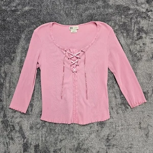 Vtg FADED GLORY Pink Ribbed Lace Up Shirt Top Eyelet 90s Y2K XS S Coquette Fairy - Picture 1 of 11