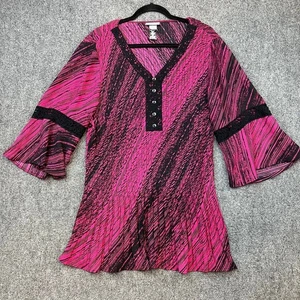 Catherines 1X 18/20W rosa schwarz Print ausgestellte Ärmel V-Ausschnitt Bluse Übergröße - Bild 1 von 10