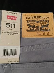 New Levi's 511 Slim Boys pants Gray size 16Reg W28 L28 NWT Super Soft - Picture 1 of 4