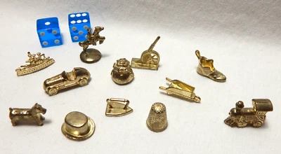 Monopoly Deluxe Edition 12 Replacement Gold Tone Tokens And Blue Dice - Image 1 of 4