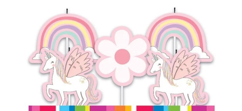 Velas de fiesta unicornio 5pk + arco iris + flor - suministros de fiesta unicornio Foto 1 de 1