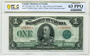 1923 $1 Dominion of Canada DC-25j Green Seal, Group 2 - PCGS Choice UNC 63 PPQ - Picture 1 of 2