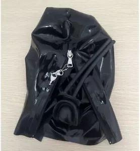 Latex Gummimaske Haube schwarz 15cm lang Nasenschlauch Mund Zähne Verschluss Reißverschluss - Bild 1 von 3