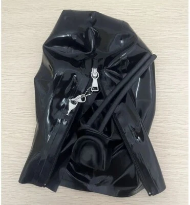 Latex  gummi mask hood black 15cm long nose tube mouth teeth lock zip - Image 1 of 3