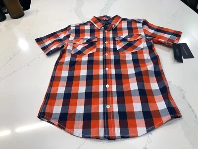 Tommy Hilfiger Boys 12/14 Navy Blue Orange Wht Short Sleeve Stretch Dress Shirt - Image 1 of 4