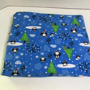 3.75 Yards Blue w Penguins Trees Flannel Fabric 43" wide Cotton - Picture 1 of 5