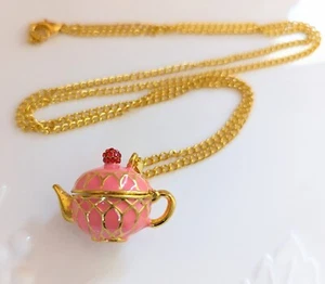 Romantic Shabby Victorian Rose Pink Enamel Tea Pot Alice in Wonderland Necklace - Picture 1 of 4