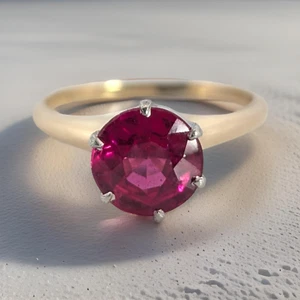 ESTATE SOLID 14K YELLOW GOLD PLATINUM 7.6mm RUBY SOLITAIRE RING SIZE 5.25 #8003 - Picture 1 of 6