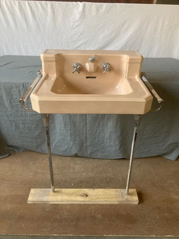 Antique Tan Beige Porcelain Sink Chrome legs Towel Bars Old Vtg Standard 58-23E Cover
