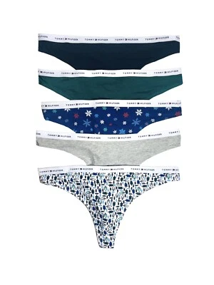 NWT Tommy Hilfiger. Sz M. 5 Pack.  Logo Cotton Thongs. Multi-Trees. MRSP $55.00 - Image 1 of 4