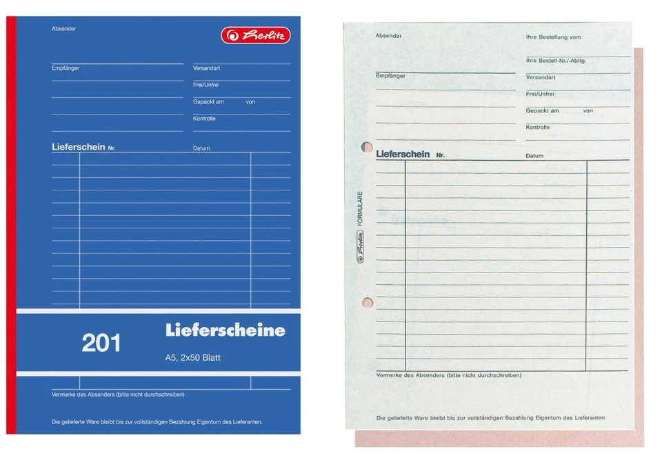 5 oder 10x herlitz Lieferscheine Nr. 201 Formularbuch Größe A5, 2x50 Blatt  - Bild 1 von 1