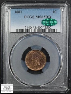 1881 Red-Brown Indian Head Copper Cent 1C PCGS MS 63 RB CAC - Image 1 of 4