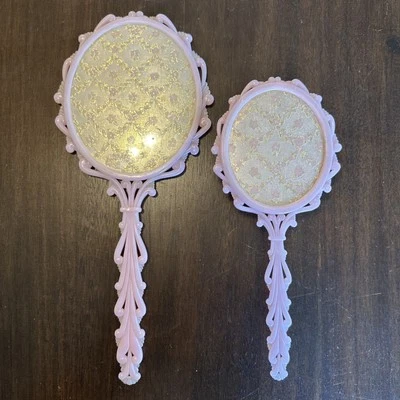 Vintage Victorian Ornate Handheld Mirror Flower Designs  Pink Handle - Image 1 of 4