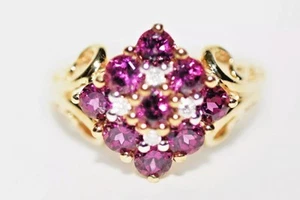 Garnet 9ct Gold Ring Rhodolite Garnet & Damonds Vintage Inspired Cluster Size N - Picture 1 of 10