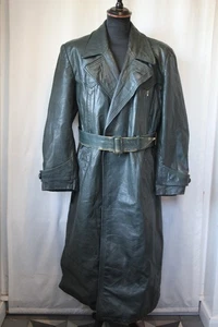 Vintage 50's Green German heavy leather trench great coat XL revival quality - Picture 1 of 19