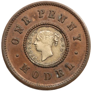 QUEEN VICTORIA BIMETTALIC ONE PENNY MODEL COIN by MOORE - Picture 1 of 2