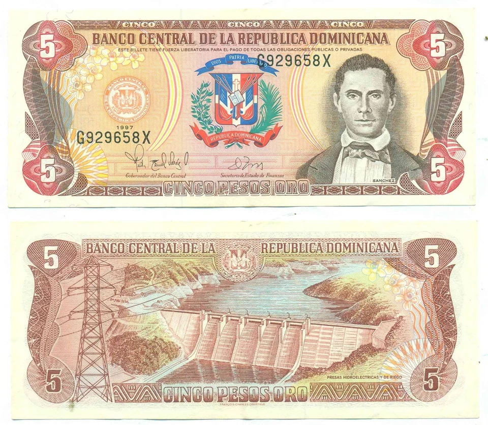 DOMINICAN REPUBLIC NOTE 5 PESOS ORO 1997 P 152b XF - Image 1 of 1