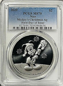 2020 Niue $2 Disney MICKEY'S CHRISTMAS 1 Oz Silver Coin PCGS MS70 FDOI - POP 110
