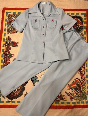 De Colección Años 70 Mujer Azul Pantalón Chaqueta Fondo Campana Poliéster Ocio Traje Discoteca Foto 1 de 4